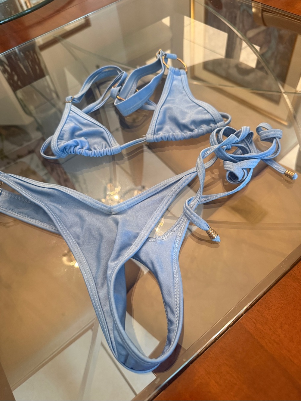 Tangier Light Blue Ring-Accent Tie-Side Bikini size: S/M